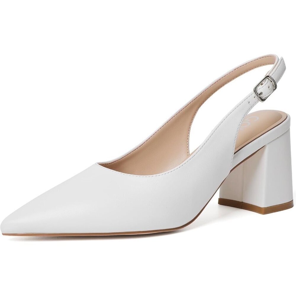 Women's White Pointed Closed Toe Slingback Chunky Heels Office Work Pump Shoes